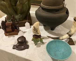 Meiji period cast iron Hibachi and teapot; drinking horns on stands; cast bronze by Lopez Lucho
