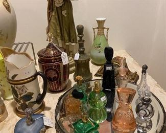 vintage perfume bottles; royal dux figurines; Bohemian crystal