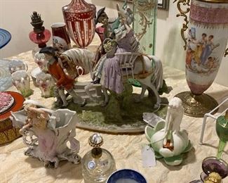 German bisque, Sevres porcelain; Francis Boucher painted vase; RS Prussia chocolate cup and saucer set