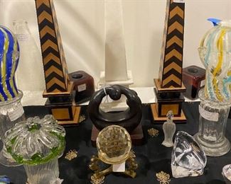 Marquetry inlaid obelisks; Daum , Sevres,Goebel, Lalique pieces; Keikichi Honna art glass; Blenko art glass