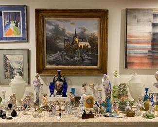 Andre Andreoli painting(1944-2001); San Diego Artist Marjorie Marj Hyde; Art Nouveau Bohemian Glass Lidded jars; Bristol Barber Bottles;Porcelain figurines;  Val St. Lambert glass