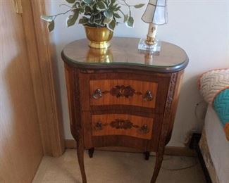 Two wood inlay end tables