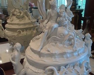 Ornate Meissen blanc de chine tureen from the Swan Suite. Crossed sword mark with pommels.