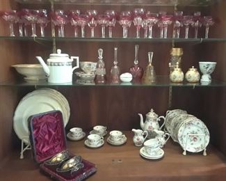 Cranberry cut to clear stemware, Schumann demi tasse part service