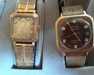 Left: 14k Longines. Band appears to be original Needs work.
Right: Longines "Admiral" with original band - both with diamond dial markers. Working.