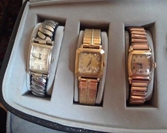 Left: Lord Elgin with diamond dial markers, original band (stretched), Center 14k Longines. Right:Bulova rose gold (over wound)