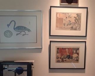 Left: "Bird With Nest" stone cut by Inuk artist Ulayu Pingwartok. 30/50.Top: Noh mask. Middle: "Taking Down Bamboo Shades" from Tea Ceremony Series by Toshikaba, circa 1897. Bottom: "Children at Play" from the Kodomo Asobi Series, Circa 1907, Jeweler's scale