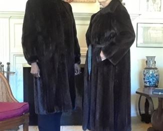 Left: Sold knee length mink coat. Right: dark ranch coat with belt option, size 12-14 is available.