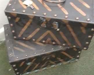 Two metal strong boxes with copper flashing. With keys. Approx size 14" x 16". Not trunk size.
