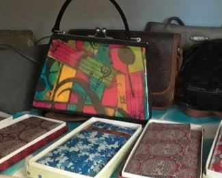 Japanese wallets, chic multi color 1950s handbag. Seven reptile clutches in fashionable colors not shown. Many evening bags not shown.