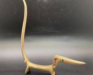 Vintage Small Brass Sculpture Ring Holder of Dachshund with Colored Gems