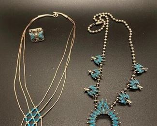 Vintage Silver Tone Faux Turquoise Southwestern Style Jewelry Necklace Squash Blossom