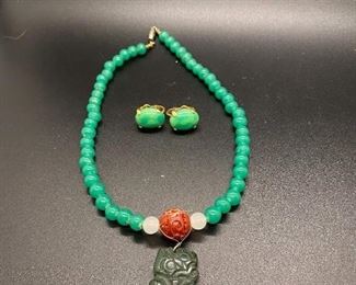Vintage Beaded Jade Cinnabar Pendant Necklace Earrings