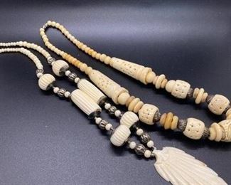 Pair of Vintage Carved Antler Bone Beaded Necklaces