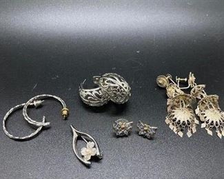 Silver Tone Earrings with a Sterling Silver Wishbone Pin Brooch