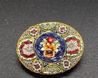 Vintage Micro Mosaic Floral Brooch Pin Italy
