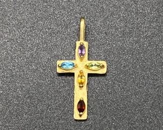 Vintage Multi Gem Stone 14k Yellow Gold Cross Pendant