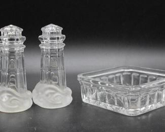 Vintage Lenox Crystal Glass Lighthouse Salt Pepper Shaker and Tray