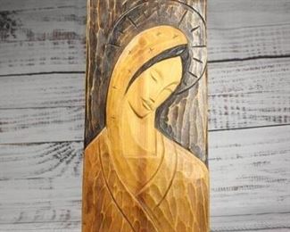 Virgin Mary Carved Wood Panel Wall Decor