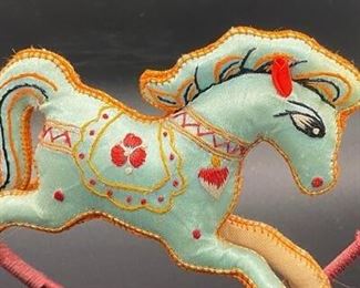 Vintage Colorful Stitch Embroidered Rocking Horse Plush Figurine