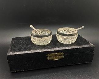 Vintage Antique Salt Cellar Set Sterling Silver Edge Spoons