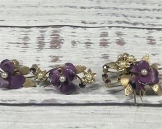 Vintage Metal Purple Flower Designed Clip on Earrings Matching Pin