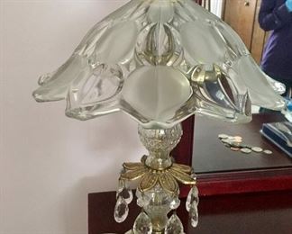Antique brass table lamp with crystal drops and marble base