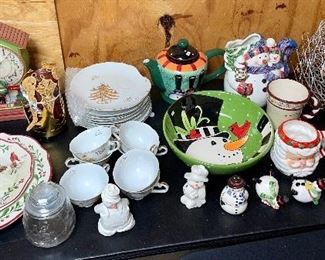 Christmas dishes, tea cups ,saucers, salt and pepper shakers, reindeer, vintage and new