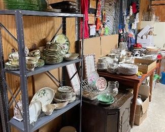 Vintage green glass salad plates, vintage China, salad balls, serving bowls, utensils, silverware, towels, hot pads, tables and housewares