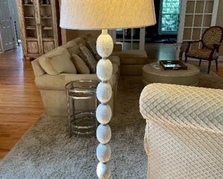 Pottery Barn Jolie Mother-of-Pearl Floor Lamp (64" H , floor to top of shade), gleaming with the iridescent luster that's unique to Mother-of-Pearl