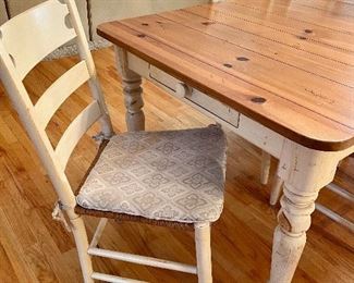 Ethan Allen Farmhouse Pine Ladderback Side Chairs with Handwoven Rush Seats, Antique White Paint Finish. Set of Six Available.  Seats have been covered, they are clean and in excellent condition.    36" H x 18" W x 17" H (floor to seat).  