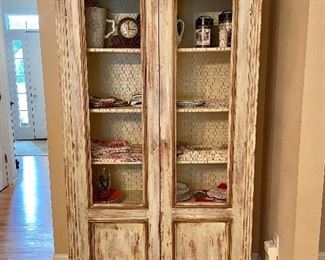 Past meets present!  This farmhouse French hutch with decorative touch of chicken wire is sure to add that extra designer touch in your home! (43" L x 16.5" x 78" H)