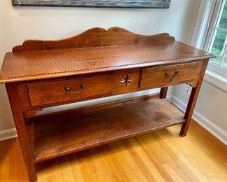 Ethan Allen Country Crossing Console Table  - high quality, American made, solid maple console table with 2 dovetailed drawers and a lower shelf.                            (54" W x 36" H x 18" D)