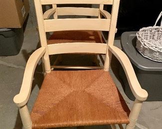 Two Beautiful Ethan Allen Ladderback Farmhouse Pine Arm Chairs in Antique White Paint Finish and Rush seats. Excellent condition. 23" W x 25" D x 38.5" H