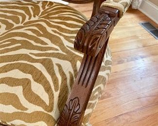 Ethan Allen Francesca Chair in Camel Zebra in almost new condition. This gorgeous Louis XVI style chair features columnar legs, carved rosettes and an oval back.  (40" H x 26" W x 23" D)
