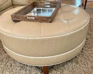 Ethan Allen Round Leather Welt Ottoman in Omni Biaque   17" H x 36" Diameter