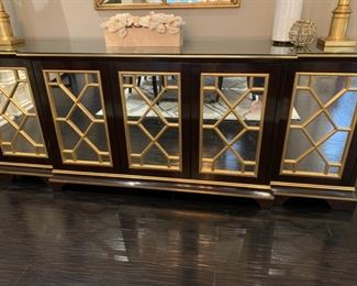 buffet by Nancy Corzine, black and gold with mirrored doors, very Hollywood Regency, Dorothy Draper, custom built, was $37K new--7'8"l x 34"h x 21"d