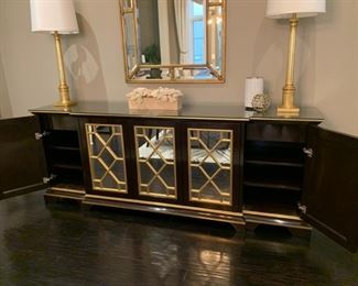buffet by Nancy Corzine, black and gold with mirrored doors, very Hollywood Regency, Dorothy Draper, custom built, was $37K new--7'8"l x 34"h x 21"d