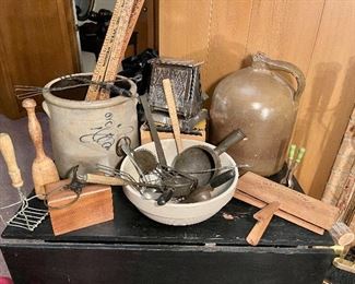 Antiques and Primitives.....
Antique Crock 3 Gallon Redwing??,  Antique Stoneware Pottery Brown Glaze 3 Gallon Jug, Vintage Crock Bowl, Westinghouse Turnover Toaster, Primitive Kitchen Utensils, Vintage Wool Comb, Vintage Yard Sticks 