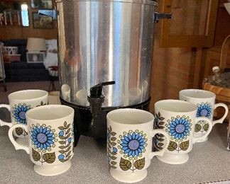 Mid Century MOD Flower Power Coffee Cups, Retro West Bend USA  22 Cup Coffee Pot