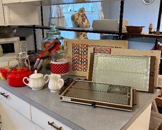 Retro Salton Food Warmers in original boxes, Enamel Tea Kettle, Anchor Hocking Polka Dot & Lace Pitcher