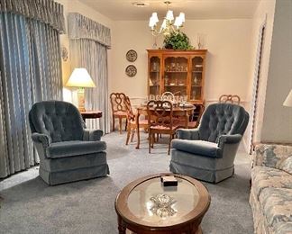 Vintage Velour Swivel Rockers Made in USA, Tell City Caned Coffee Table 