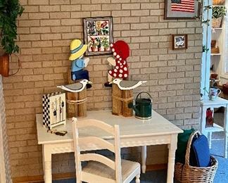 Vintage Farmhouse Table, Handmade Yard Decor, Vintage Crewel Framed Art