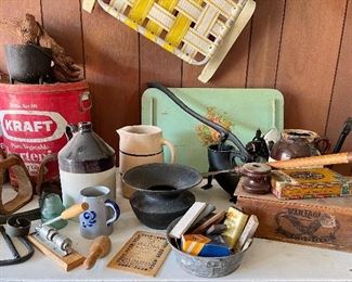 Antique Cast Iron Spittoon, Antique Cast Iron Sausage Stuffer, Pottery Jugs, Vintage TV Tray, Vintage Aluminum Lawn Chairs 
