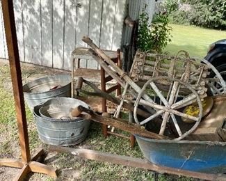 Vintage Foot Tubs, Wheelbarrow, Yard Decor