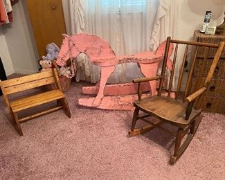 Vintage Wood Child’s Rocker, Handmade Wooden Pink Hobby Horse, Handmade Wood Doll Bench