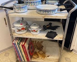 Retro Metal Kitchen Cart, Vintage 7 piece Porcelain Enamel Cookware Set Tabletops Unlimited-Nicole Pattern , Mid Century Mushroom Porcelain Enamel Cookware Pots, Vintage Cast Match Holder