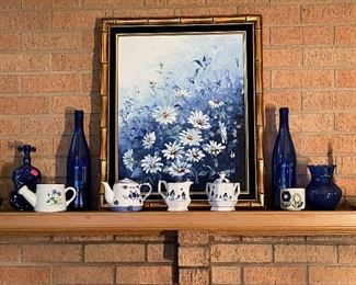 Vintage Gladys Turner Daisy Painting, Vintage Cobalt Glass