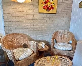 Vintage Wicker Rattan Furniture and Wall Decor, Vintage Bamboo Rattan Swag Lamp, Retro Crewel Flower Framed Picture 