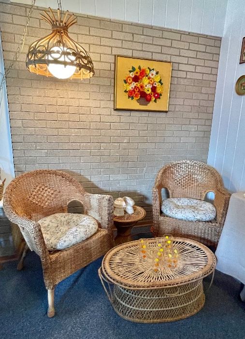 Vintage Wicker Rattan Furniture and Wall Decor, Vintage Bamboo Rattan Swag Lamp, Retro Crewel Flower Framed Picture 